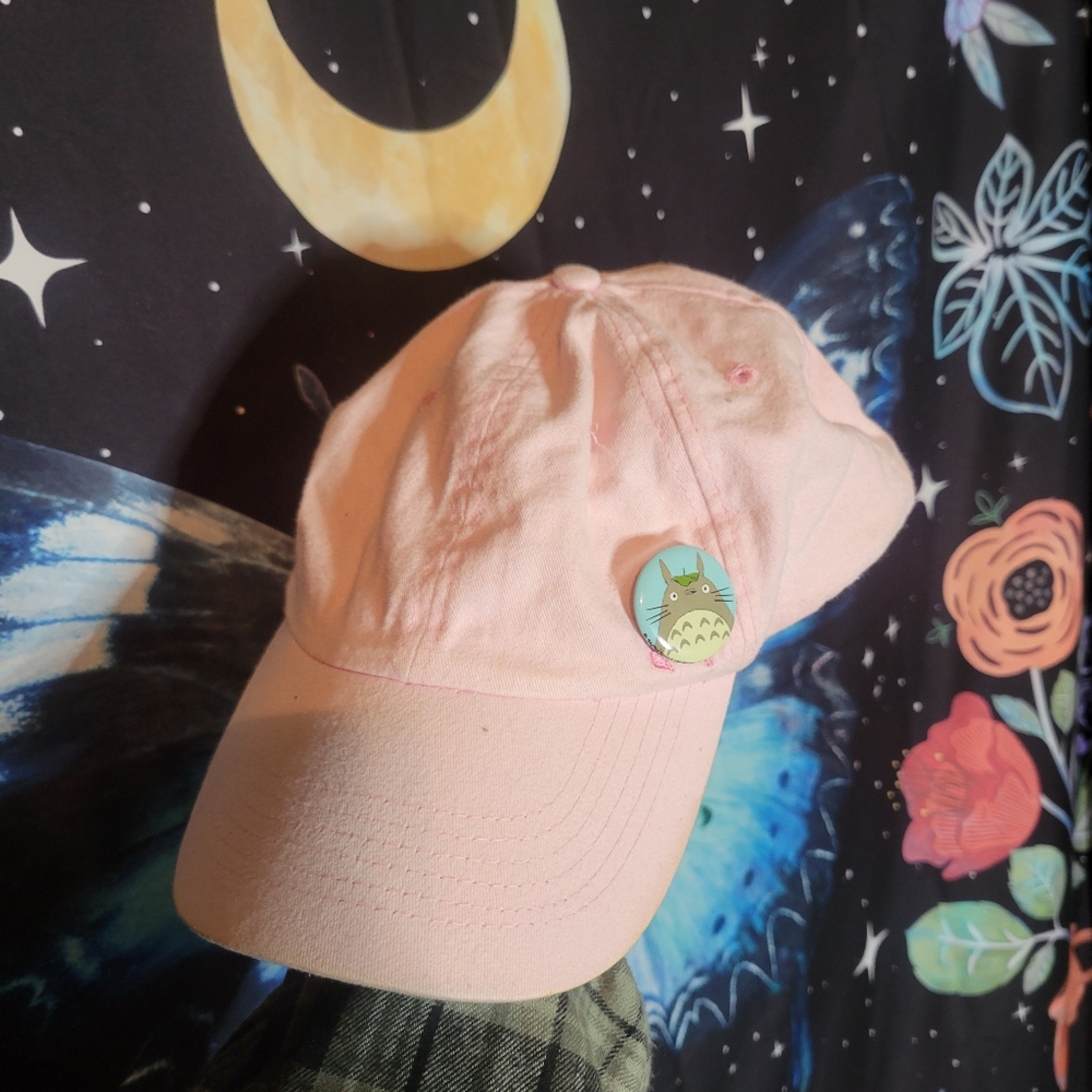 Pastel Pink Baseball Cap w/ Totoro Button Pin